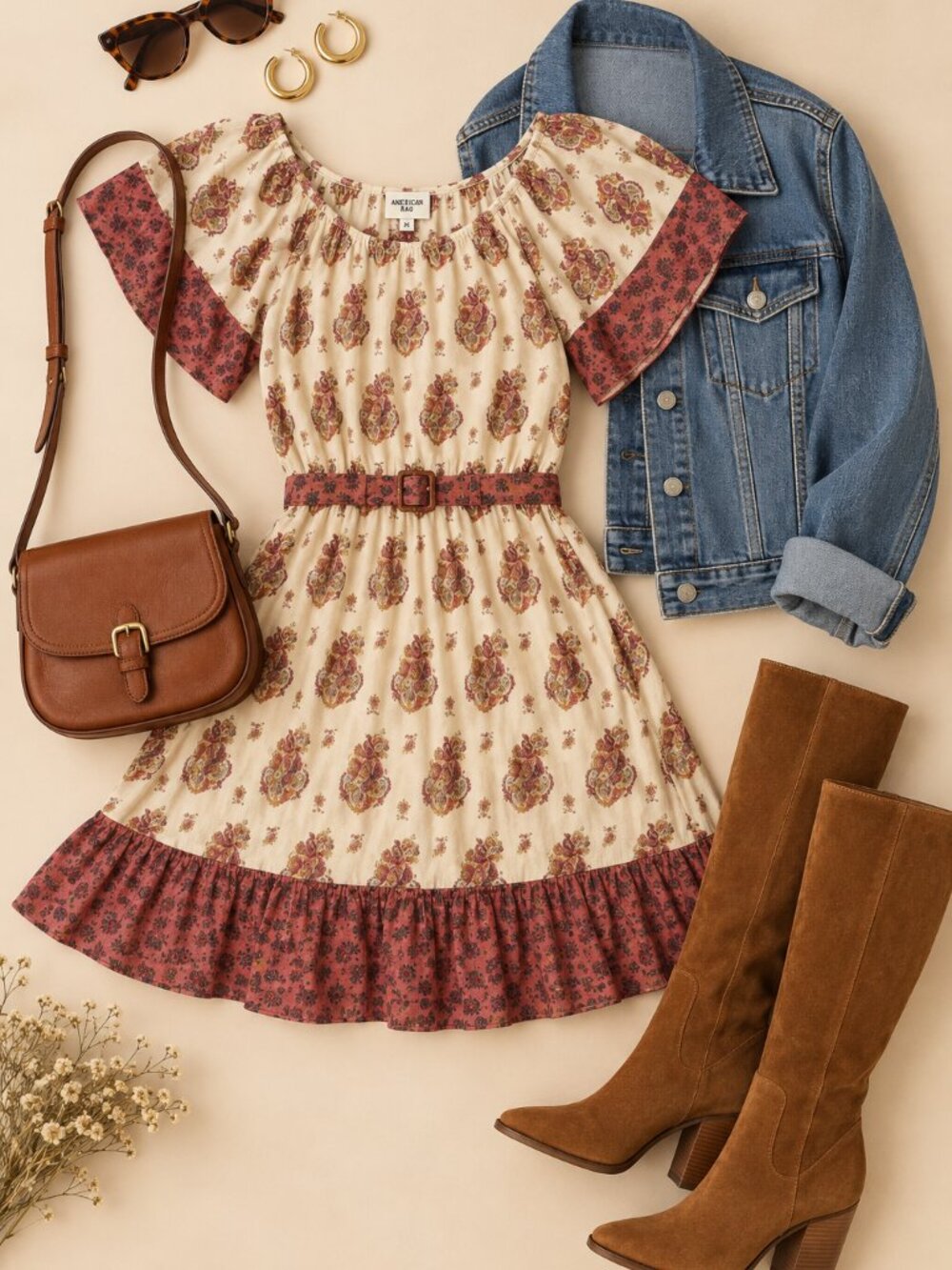 American Rag Paisley Peasant Mini Dress M Cream Burgundy Boho Prairie Ruffle